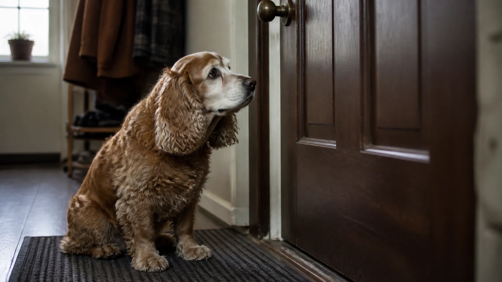 Cocker spaniel senior de pelaje canela con las orejas largas y el hocico blanco, sentado frente a la puerta de entrada de un piso, mirando fijamente el pomo