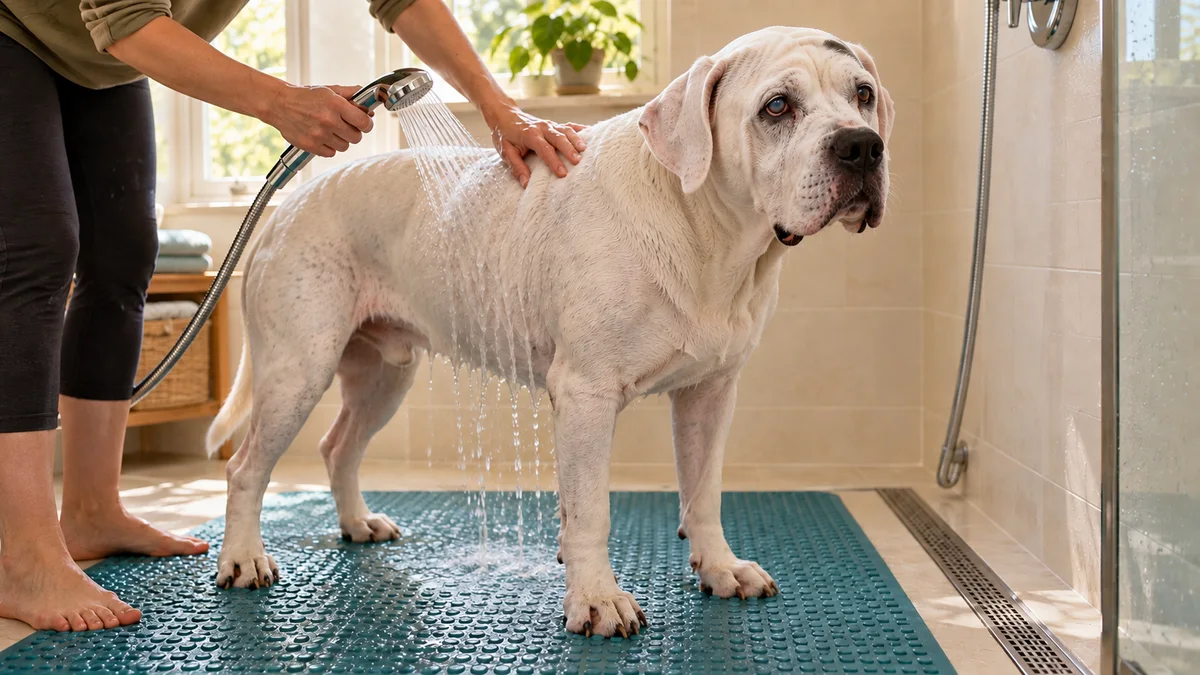 Ilustración de un dogo argentino claramente anciano, blanco, de orejas naturales, frente arrugada y menor tono muscular, en una ducha accesible