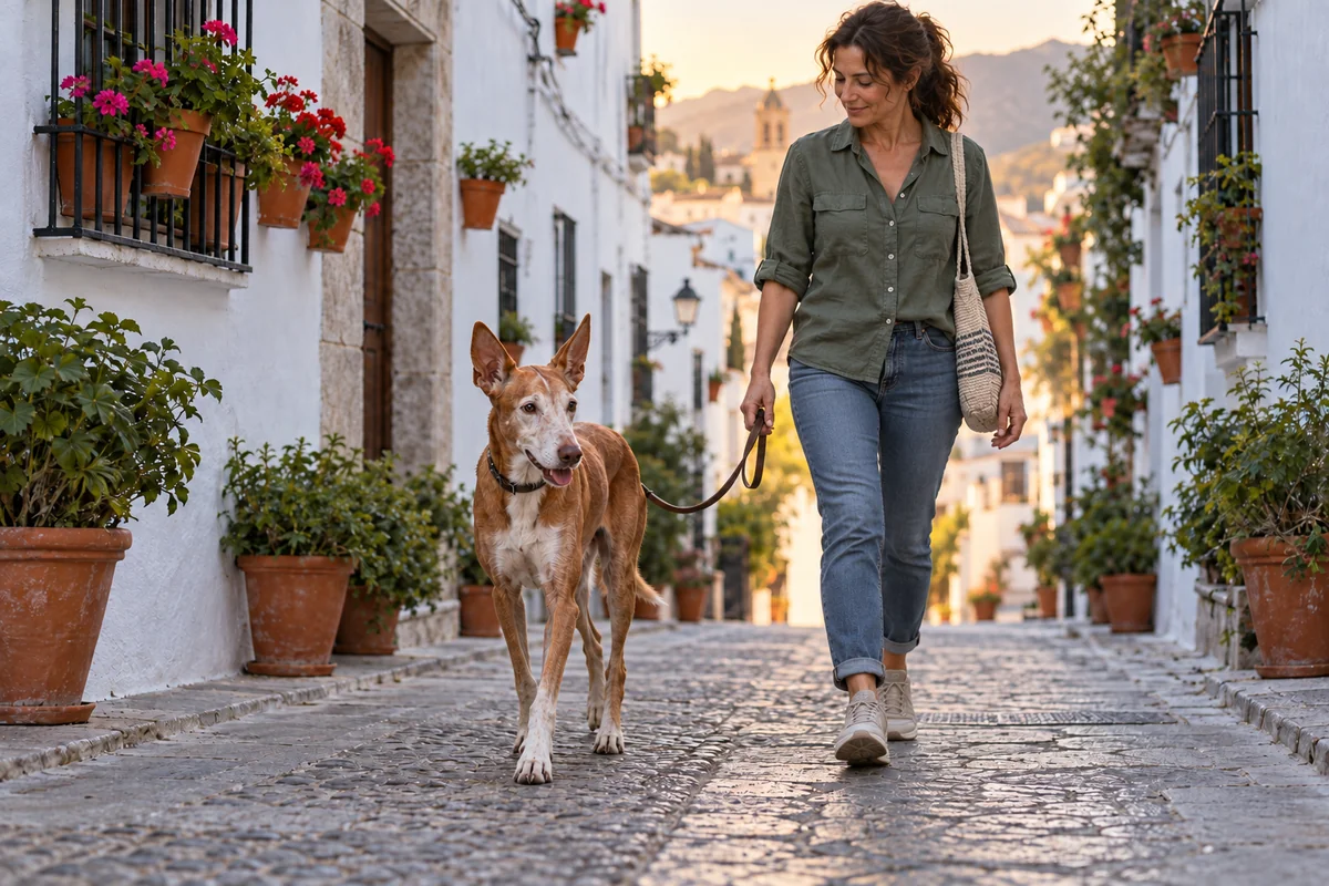 Ilustración de un podenco senior de hocico canoso paseando con su cuidadora por una calle en sombra al amanecer