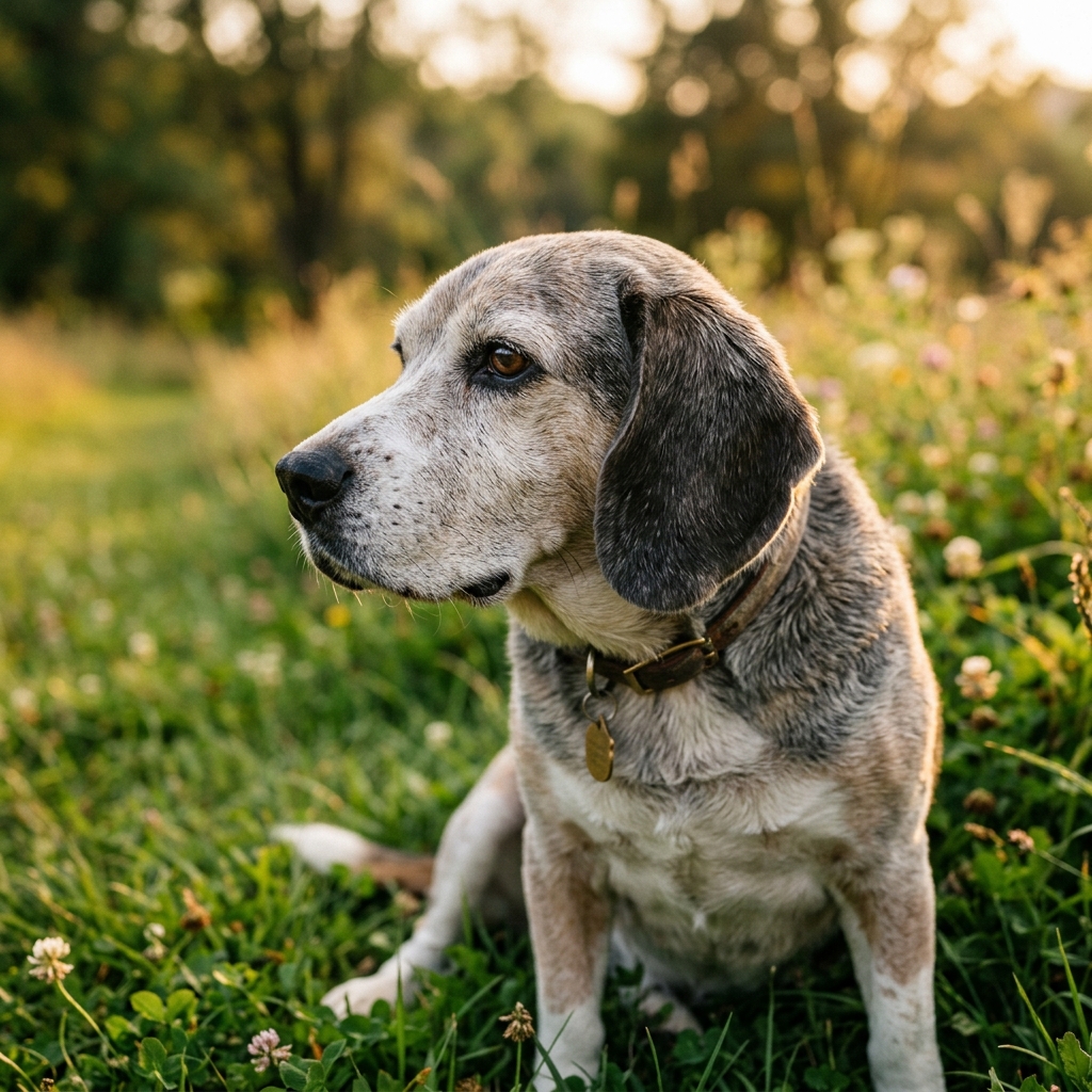 Un perro Beagle mayor sentado pacientemente en un césped verde