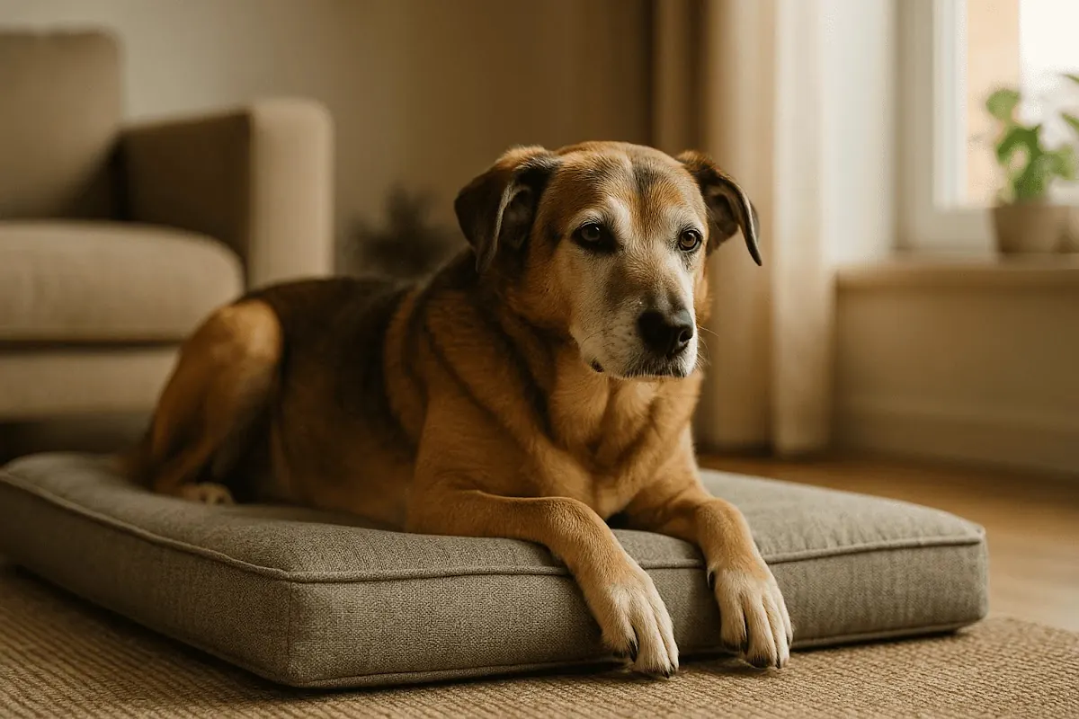 Perro senior descansando cómodamente en una cama ortopédica dentro de un hogar cálido