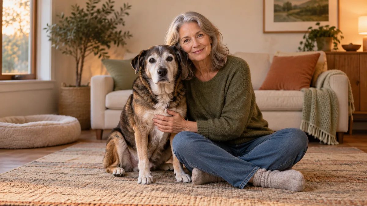 Perro senior centrado junto a su cuidadora en un salón tranquilo